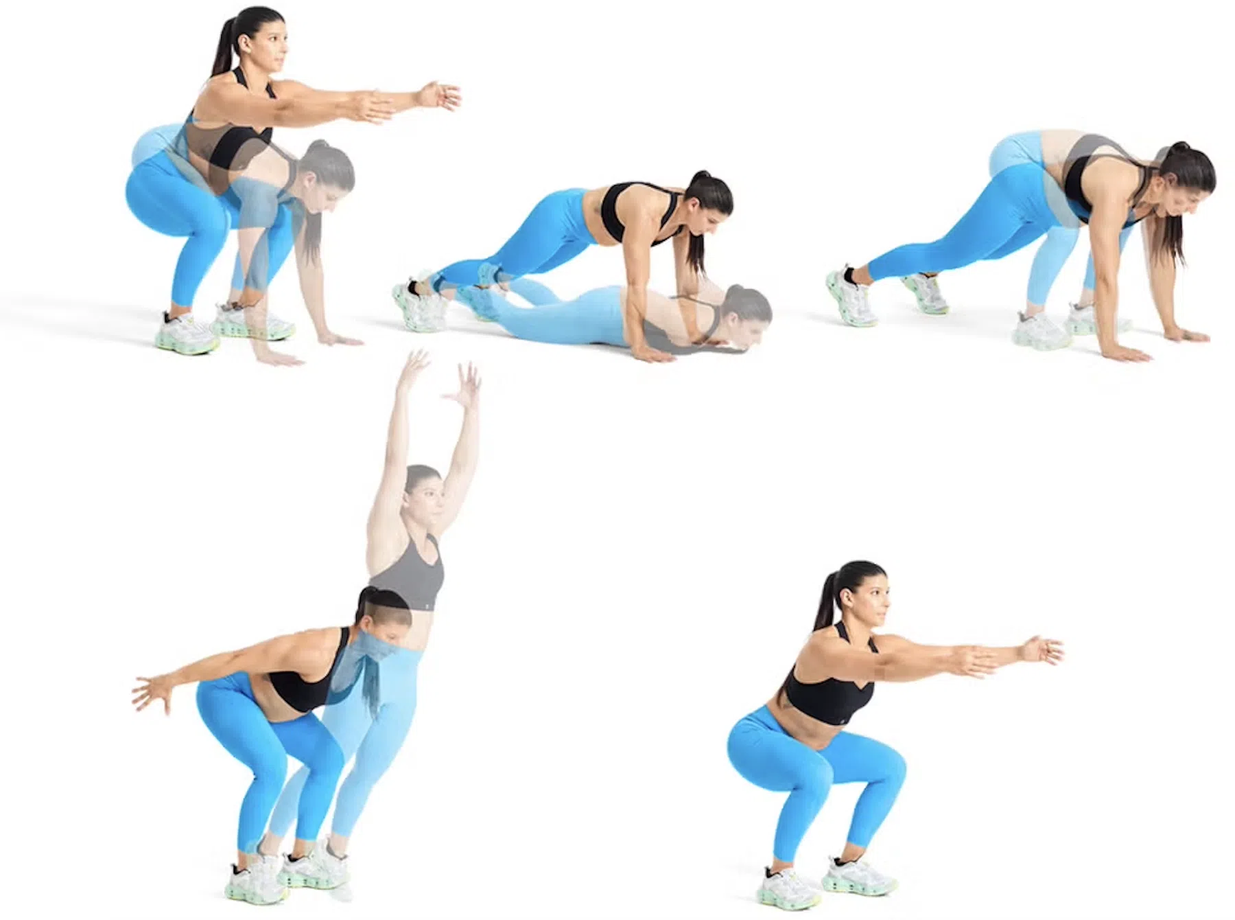 Vrouw die een burpee broad jump uitvoert